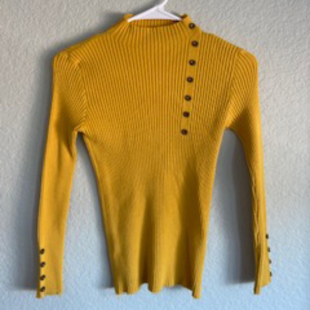 Yellow Ribbed Mockneck Sweater with Button Details